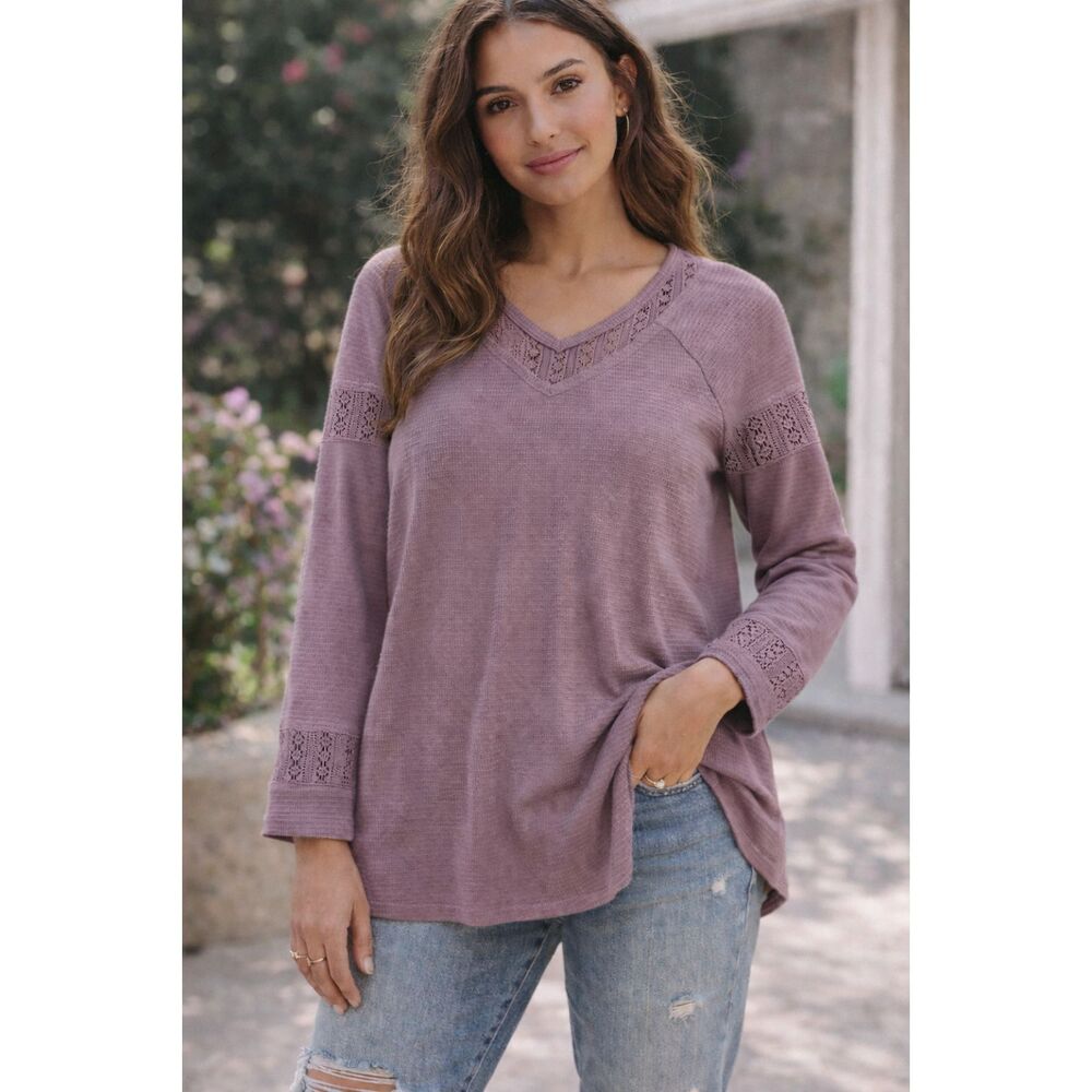 Cupio Blush Mauve Waffle Knit Lace Trim Top Size S